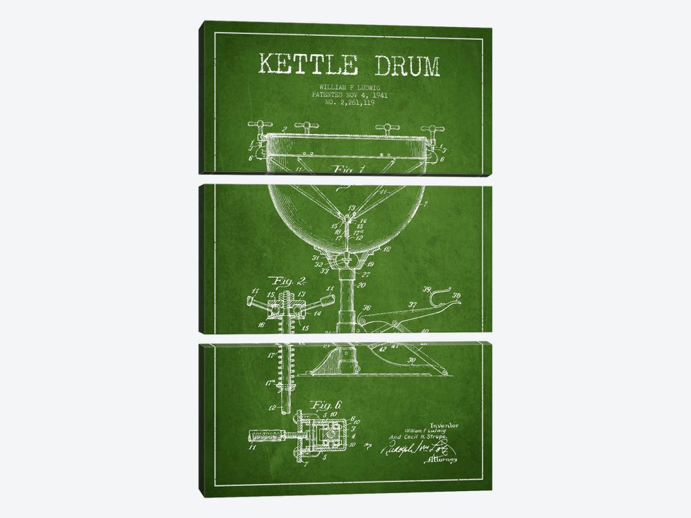 Ludwig Kettle Green Patent Blueprint by Aged Pixel 3-piece Canvas Wall Art