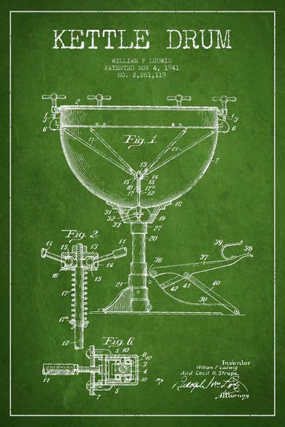 Drums: Ludwig Kettle Green Patent Blueprint by Aged Pixel