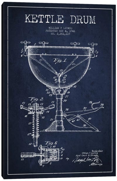Ludwig Kettle Navy Blue Patent Blueprint Canvas Art Print - Aged Pixel: Music