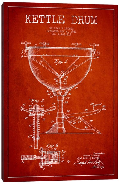 Ludwig Kettle Red Patent Blueprint Canvas Art Print - Drums Art