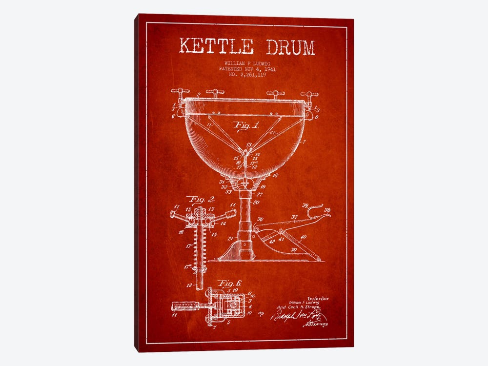 Ludwig Kettle Red Patent Blueprint by Aged Pixel 1-piece Canvas Artwork