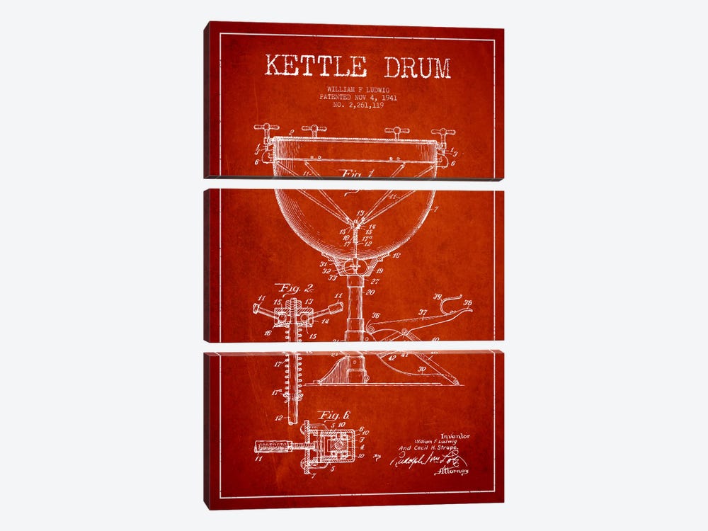 Ludwig Kettle Red Patent Blueprint by Aged Pixel 3-piece Canvas Wall Art