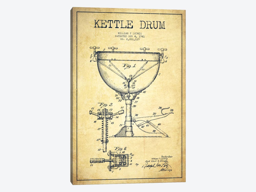 Ludwig Kettle Vintage Patent Blueprint by Aged Pixel 1-piece Canvas Art Print