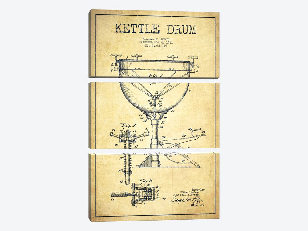 Ludwig Kettle Vintage Patent Blueprint by Aged Pixel 3-piece Canvas Art Print
