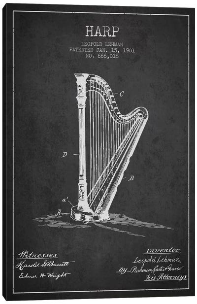 Harp Charcoal Patent Blueprint Canvas Art Print - Aged Pixel: Music