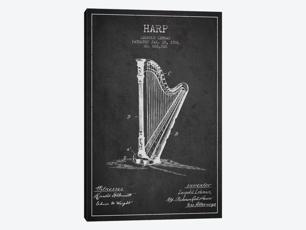 Harp Charcoal Patent Blueprint by Aged Pixel 1-piece Canvas Wall Art