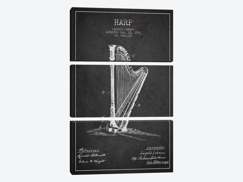 Harp Charcoal Patent Blueprint by Aged Pixel 3-piece Canvas Art