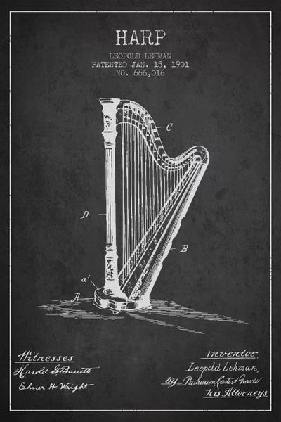 Music Blueprints: Harp Charcoal Patent Blueprint by Aged Pixel