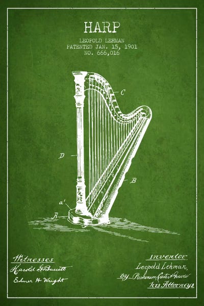Harp Green Patent Blueprint by Aged Pixel acrylic art print