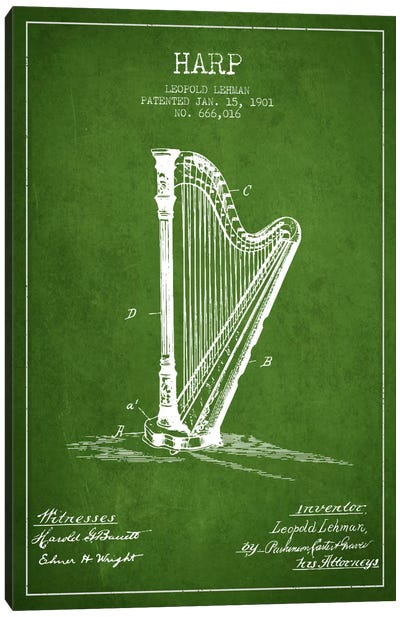 Harp Green Patent Blueprint Canvas Art Print - Aged Pixel: Music