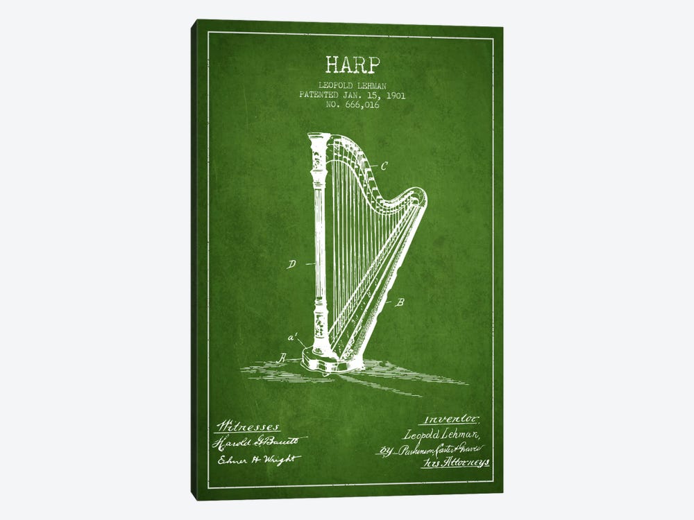 Harp Green Patent Blueprint by Aged Pixel 1-piece Canvas Artwork
