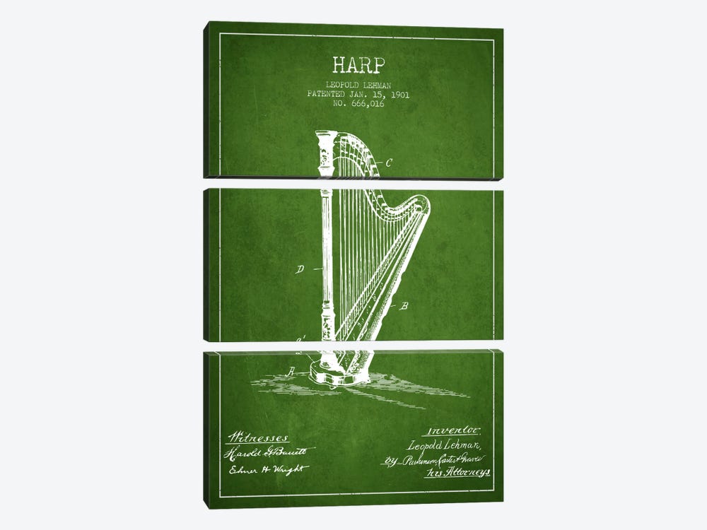 Harp Green Patent Blueprint by Aged Pixel 3-piece Canvas Artwork