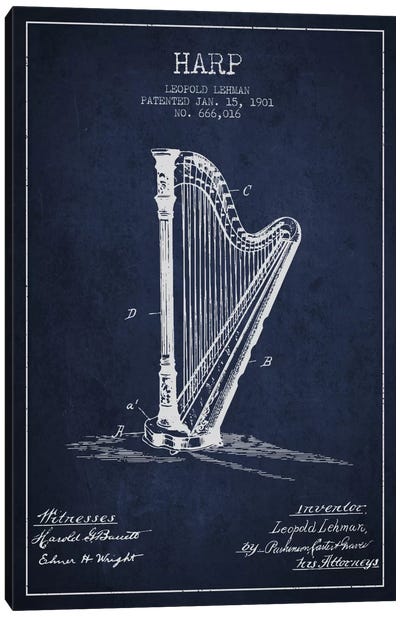 Harp Navy Blue Patent Blueprint Canvas Art Print - Music Blueprints