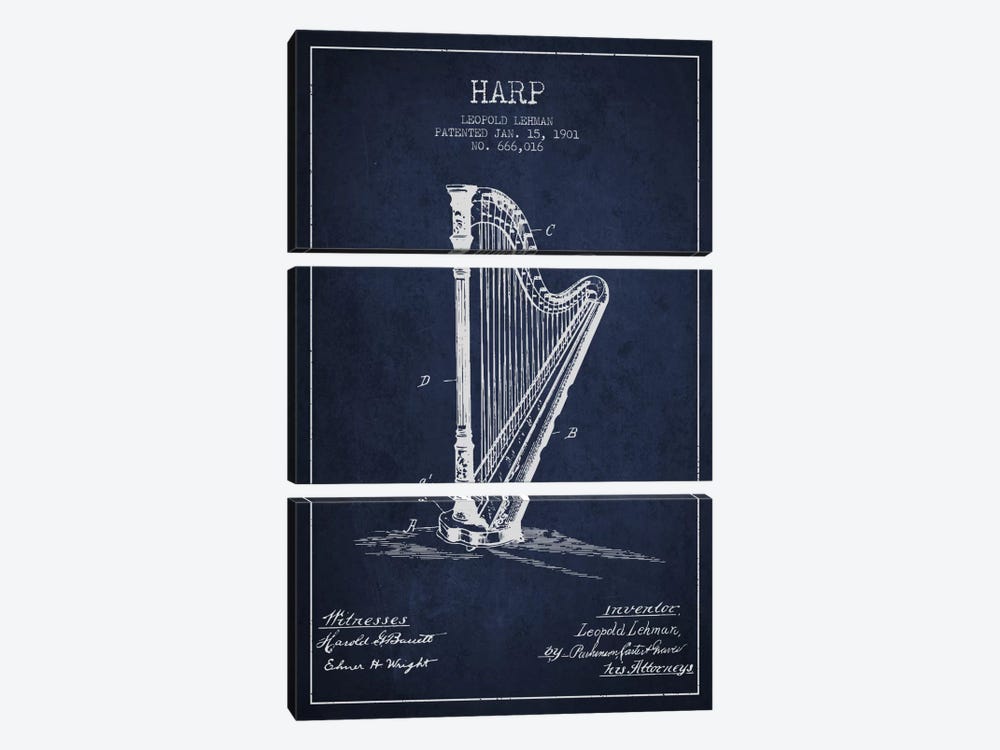Harp Navy Blue Patent Blueprint by Aged Pixel 3-piece Art Print