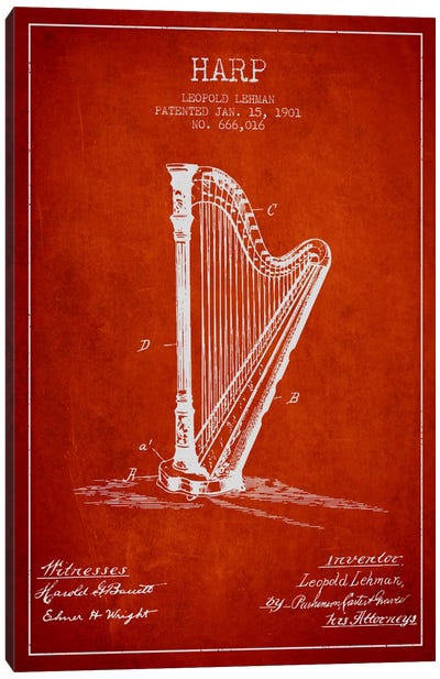 Harp Red Patent Blueprint Canvas Art Print - Classical Music Art