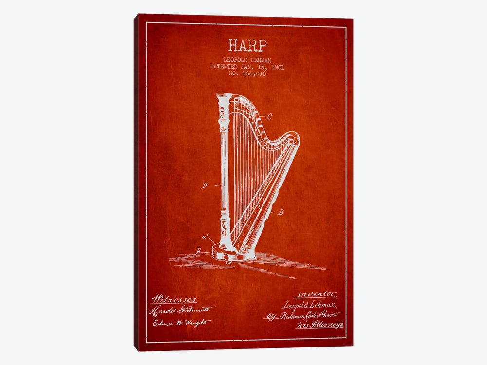 Harp Red Patent Blueprint by Aged Pixel 1-piece Canvas Art