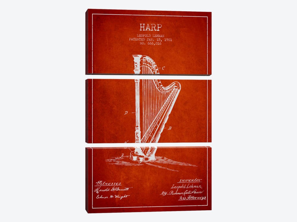 Harp Red Patent Blueprint by Aged Pixel 3-piece Canvas Art