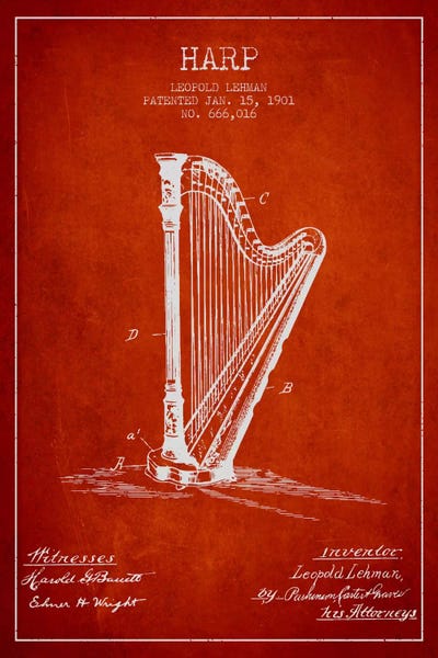 Aged Pixel: Harp Red Patent Blueprint by Aged Pixel