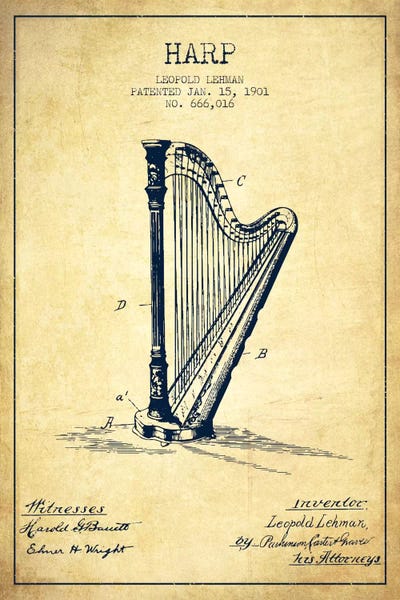 Harp Vintage Patent Blueprint by Aged Pixel acrylic art print