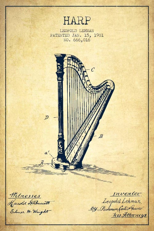 Harp Vintage Patent Blueprint