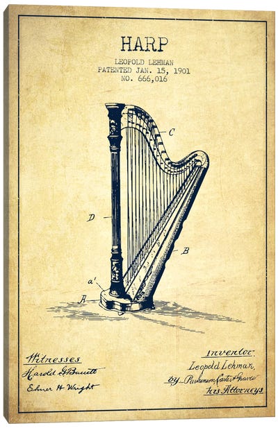 Harp Vintage Patent Blueprint Canvas Art Print - Aged Pixel: Music