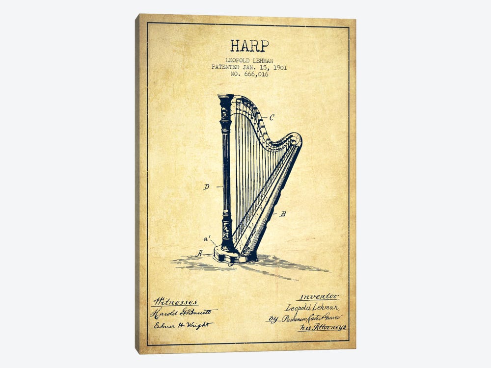 Harp Vintage Patent Blueprint by Aged Pixel 1-piece Canvas Print