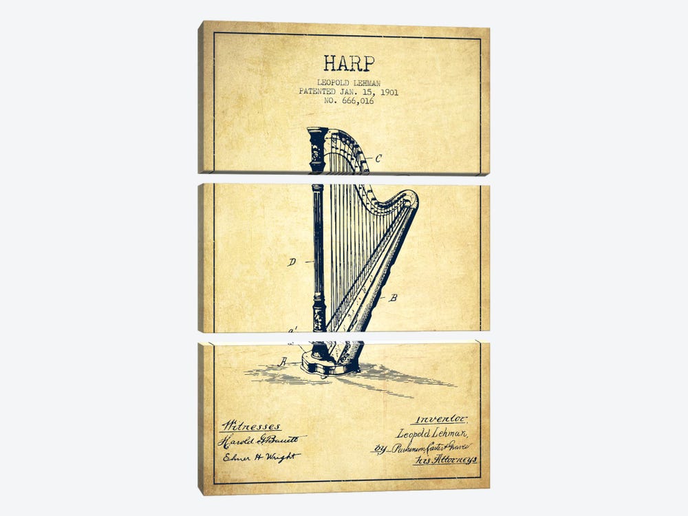 Harp Vintage Patent Blueprint by Aged Pixel 3-piece Canvas Print