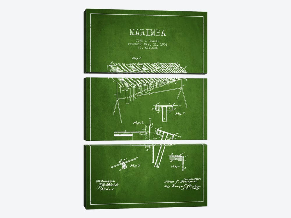 Marimba Green Patent Blueprint by Aged Pixel 3-piece Canvas Print
