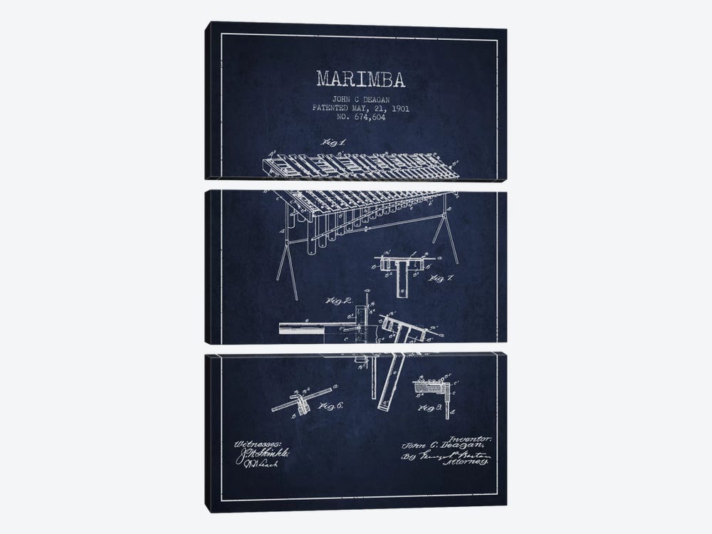 Marimba Navy Blue Patent Blueprint by Aged Pixel 3-piece Canvas Wall Art