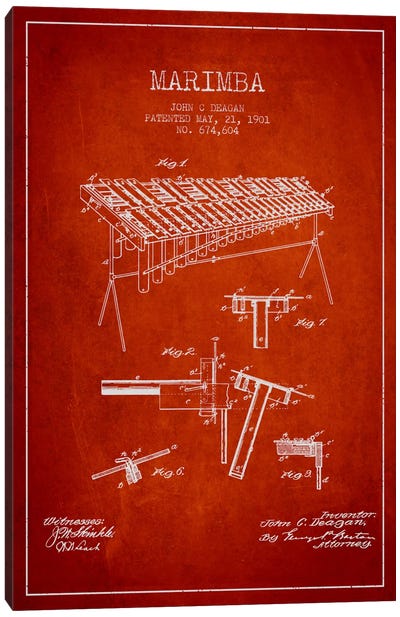 Marimba Red Patent Blueprint Canvas Art Print - Aged Pixel: Music