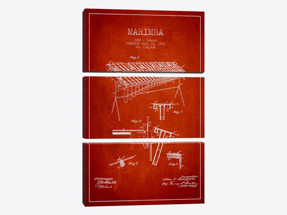 Marimba Red Patent Blueprint by Aged Pixel 3-piece Canvas Print