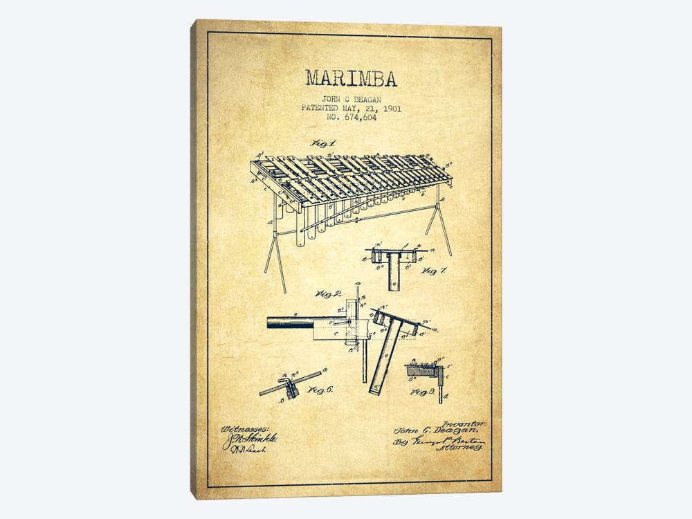 Marimba Vintage Patent Blueprint by Aged Pixel 1-piece Canvas Wall Art