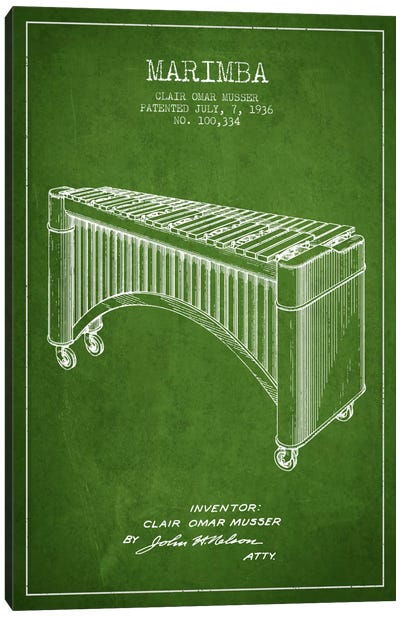 Marimba Green Patent Blueprint Canvas Art Print - Aged Pixel: Music