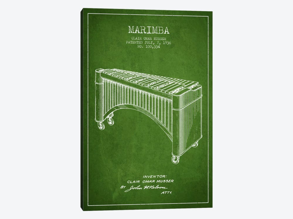 Marimba Green Patent Blueprint by Aged Pixel 1-piece Canvas Art Print