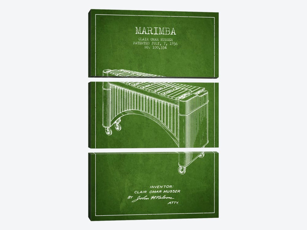 Marimba Green Patent Blueprint by Aged Pixel 3-piece Canvas Art Print