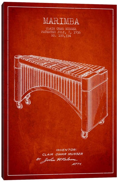 Marimba Red Patent Blueprint Canvas Art Print - Aged Pixel: Music