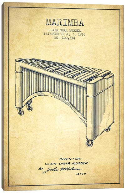 Marimba Vintage Patent Blueprint Canvas Art Print - Aged Pixel: Music