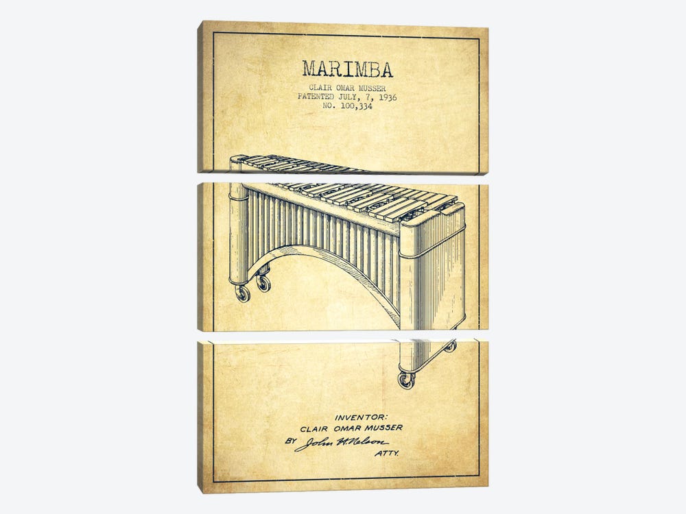 Marimba Vintage Patent Blueprint by Aged Pixel 3-piece Canvas Wall Art