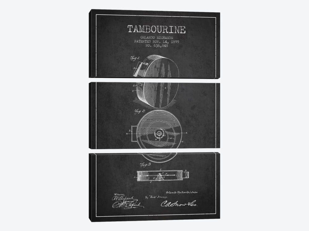 Tambourine Charcoal Patent Blueprint by Aged Pixel 3-piece Canvas Art Print