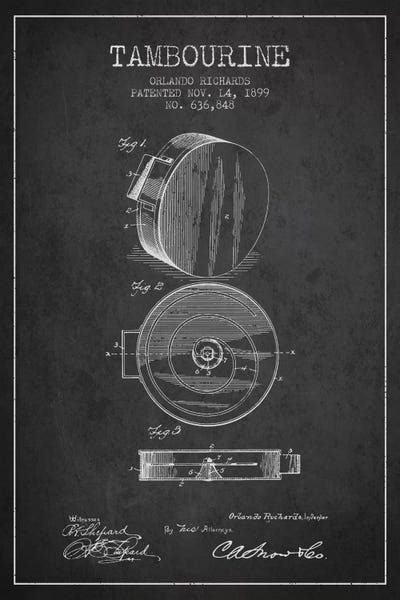 Music Blueprints: Tambourine Charcoal Patent Blueprint by Aged Pixel