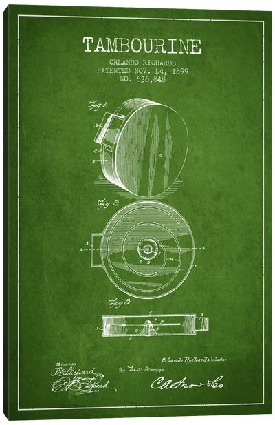 Tambourine Green Patent Blueprint Canvas Art Print - Musical Instrument Art