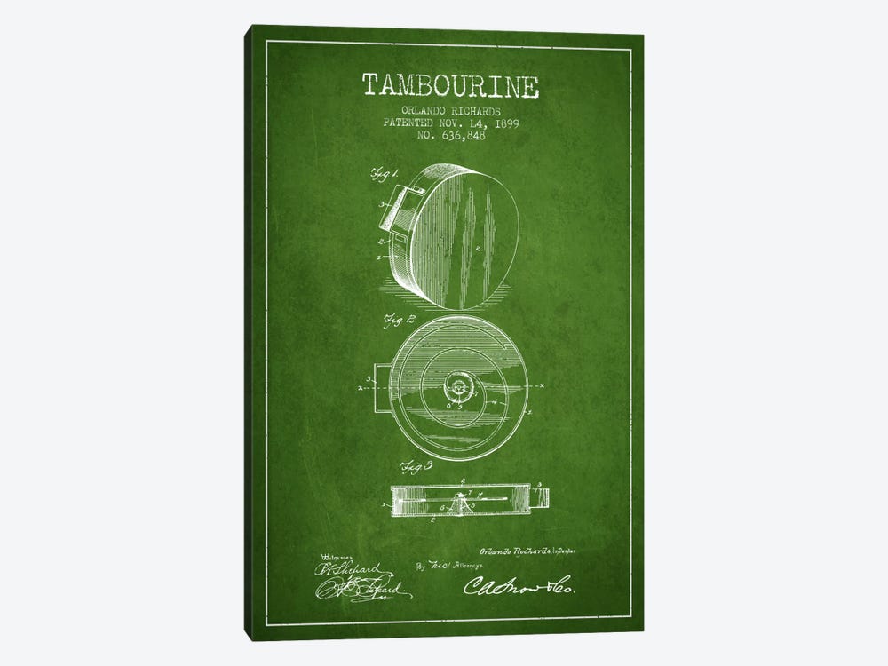 Tambourine Green Patent Blueprint by Aged Pixel 1-piece Canvas Wall Art