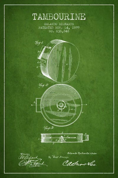 Music Blueprints: Tambourine Green Patent Blueprint by Aged Pixel