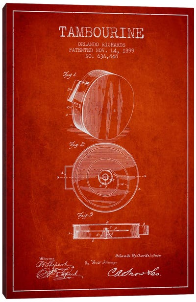 Tambourine Red Patent Blueprint Canvas Art Print - Aged Pixel: Music