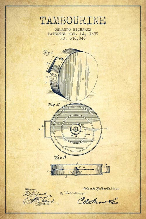 Tambourine Vintage Patent Blueprint by Aged Pixel wall art