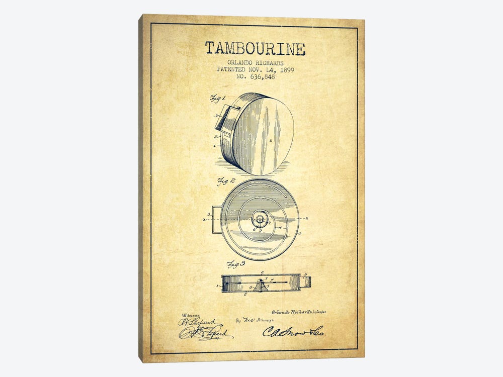 Tambourine Vintage Patent Blueprint by Aged Pixel 1-piece Art Print