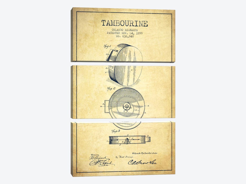 Tambourine Vintage Patent Blueprint by Aged Pixel 3-piece Art Print