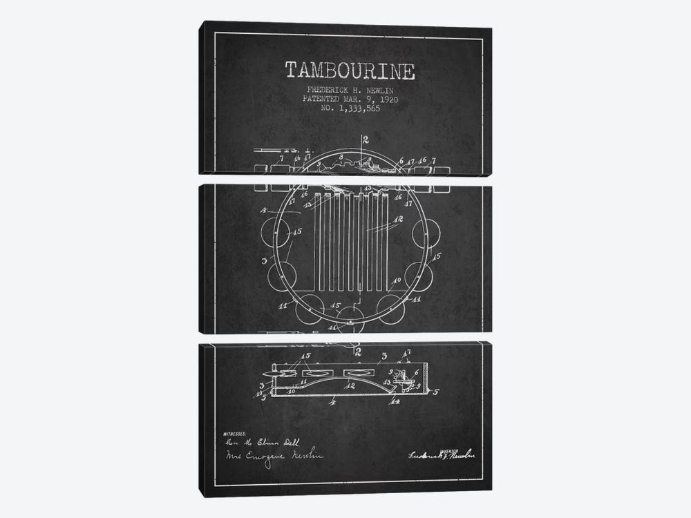 Tambourine Charcoal Patent Blueprint by Aged Pixel 3-piece Canvas Artwork