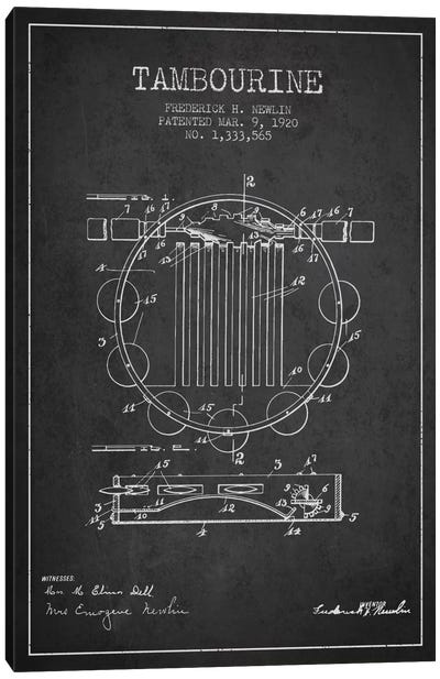 Tambourine Charcoal Patent Blueprint Canvas Art Print - Aged Pixel: Music
