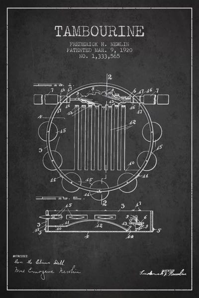 Music Blueprints: Tambourine Charcoal Patent Blueprint by Aged Pixel